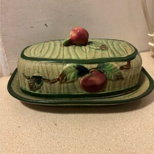 Vintage Green Ceramic Butter Dish with Apple Design